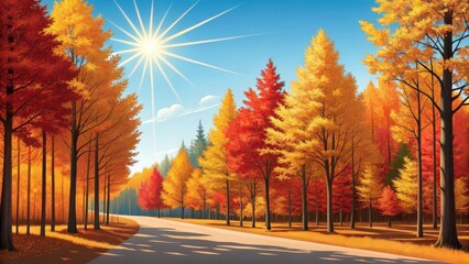 Vibrant autumn forest pathway under a bright sunny sky with radiant sunburst