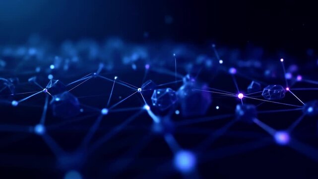 Abstract digital network with glowing nodes and connections in a dark blue environment