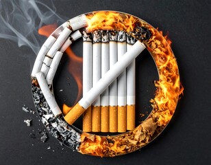 Circle of cigarettes burning in a no smoking sign