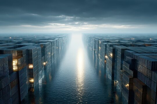 Endless rows of glowing shipping containers forming a water channel, futuristic scene.