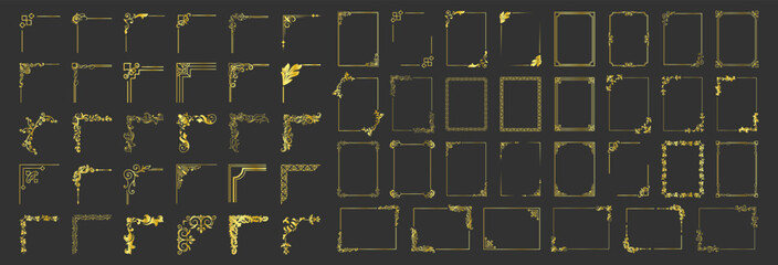 Decorative gold corner frames set. Vintage ornamental borders and elegant design elements for wedding or invitation. Vector collection
