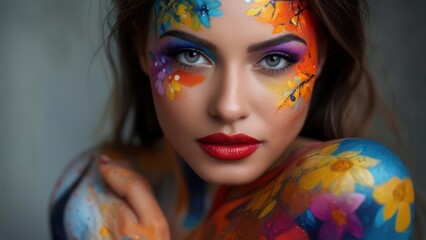 Woman with colorful face and body art
