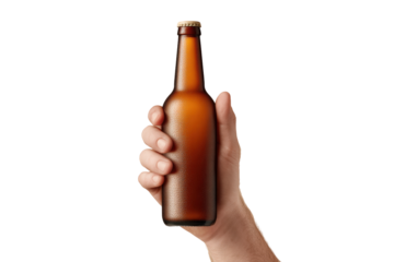 Hand holding a brown glass beer bottle on black background, cut out