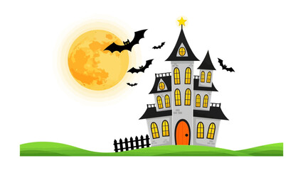 Halloween Castle in the Moonlight: A whimsical Halloween scene featuring a haunted castle silhouette under a full moon, with bats soaring against the radiant sky.