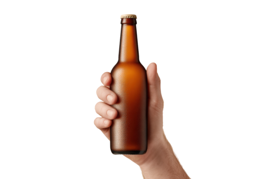 Hand holding a brown glass beer bottle on black background, cut out