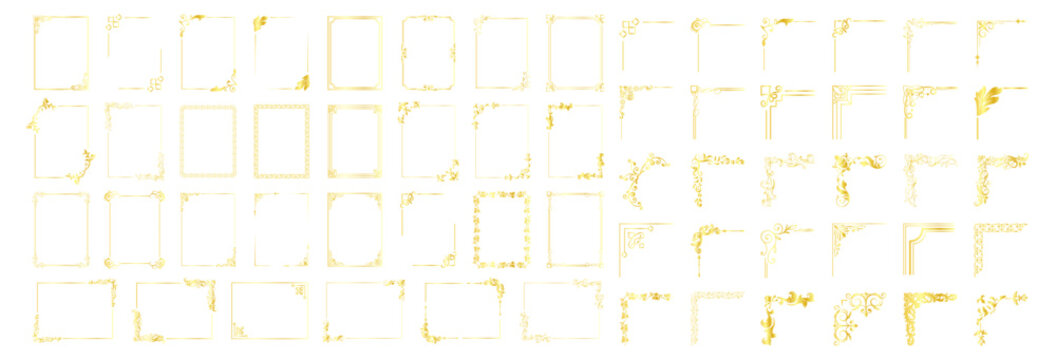 Decorative gold corner frames set. Vintage ornamental borders and elegant design elements for wedding or invitation. Vector collection on transparent background