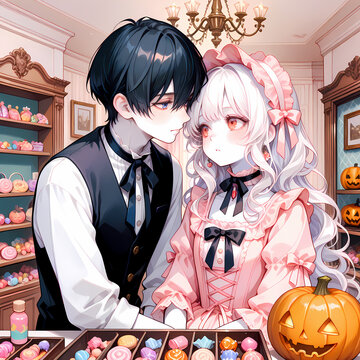 キャンディショップとカップル。アルビノの少女と碧眼の青年のハロウィン。日本の漫画風のAIイラスト