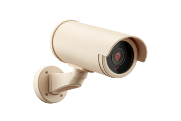 Modern beige security camera mounted on wall for outdoor surveillance, cut out