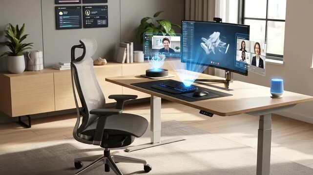 Modern Office Setup with Holographic Technology and Ergonomic Design Workspace Environment