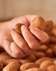 Closeup shot of almond nuts on human hand.