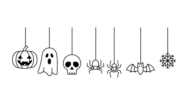 Spooky Hanging Ornaments: An array of minimalistic and outlined Halloween-themed hanging decorations against a stark, simple background, perfectly suited for seasonal themes or conveying spookiness. - Powered by Adobe