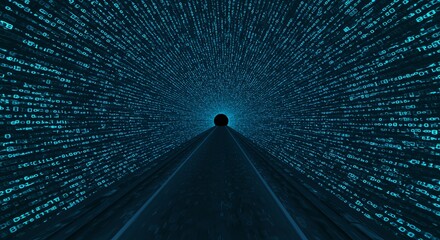 Digital Data Tunnel with Vibrant Blue Binary Code Stream