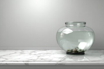 Elegant Fish Bowl on Marble Countertop with Smooth Stones and Soft Lighting in Minimalist Interior Design Space