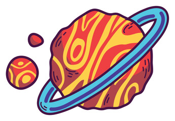 Vibrant cartoon planet with a blue ring swirling red and yellow patterns and small moons.
