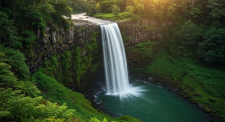 Obraz premium Majestic waterfall cascades into vibrant emerald pool amid lush green forest canopy