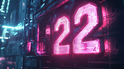 Neon 22 Sign in Cyberpunk City for Futuristic Themes Background