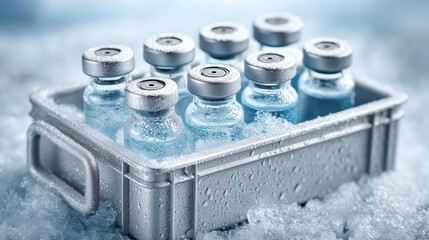 Frosty refrigeration box with glass vials inside, covered in ice crystals. Perfect for medical storage, vaccine research, pharmaceutical advertising, and scientific design projects.
