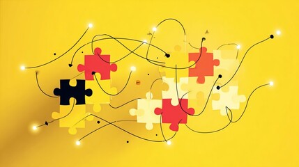 Interconnected puzzle pieces, wired together against a yellow backdrop, symbolize problem-solving, business solutions, and innovative ideas.  A vector illustration.
 