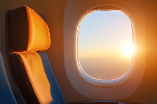 Sunrise illuminates airplane interior, showcasing seat and windo