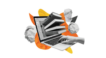 Digital learning and online education concept with books emerging from a laptop, a typing hand, and classical art elements.