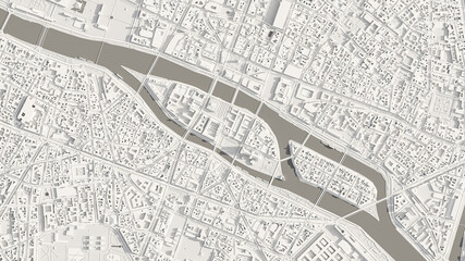 3D render map of Paris cityscape. 3D illustration of a top view of Paris, France.