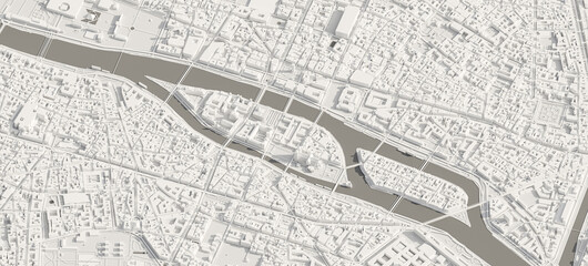 3D render map of Paris cityscape. 3D illustration of an aerial view of Paris, France.