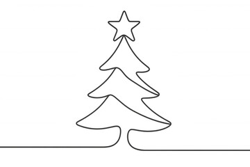 Christmas tree continuous line drawing with star, minimal season holiday festive concept, transparent background