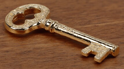 Ornate Golden Key on Wooden Surface with Detailed Texture and Intricate Design for Artistic and Symbolic Uses