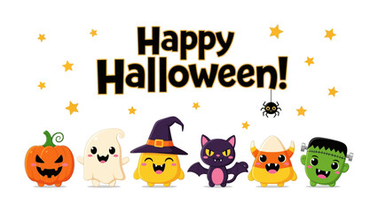 Happy Halloween Illustration: Spooky Halloween illustration with a charming array of cartoon characters, perfect for capturing the essence of the holiday's spirit.