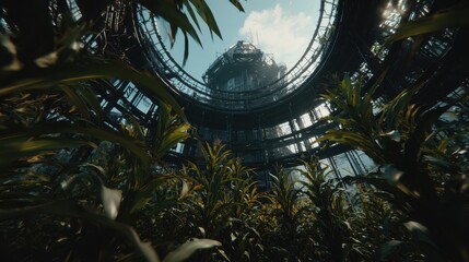 Surreal Industrial Structure Surrounded by Lush Cornfield under Bright Sky and Fluffy Clouds
