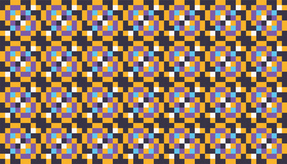 A colorful geometric mosaic motif with a dynamic checkered pattern. The combination of yellow, purple, blue, white, and black creates a modern yet retro feel