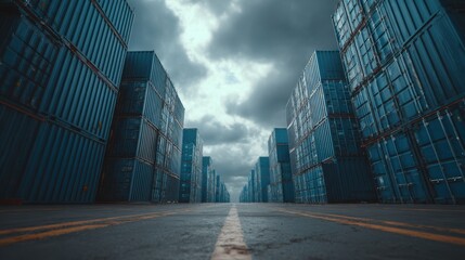 Industrial Shipping Yard with Stacked Blue Cargo Containers under Dramatic Clouds and Atmospheric Sky