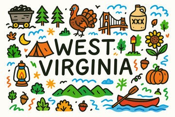 Fototapeta premium West virginia doodle icon set. nature, culture, landmarks illustrated collection