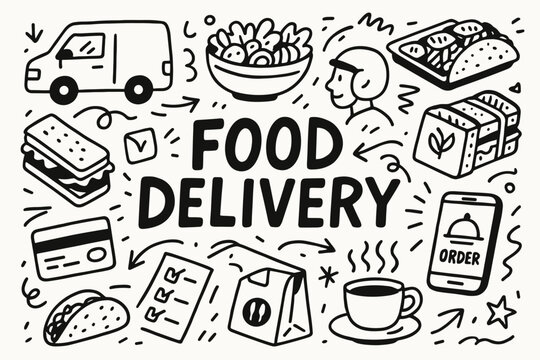 Food delivery outline icon set. fast food, contactless delivery icons outline collection