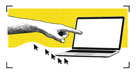 A stylized graphic illustration of a large hand pointing at a laptop screen, with multiple mouse cursors following a wavy path below, set against a yellow grid background.