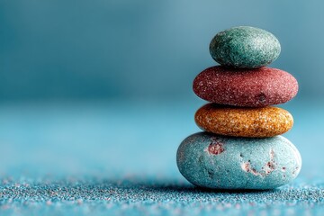 Colorful Stacked Pebbles on a Smooth Surface with Vibrant Blue Background for Relaxation and Mindfulness Themes