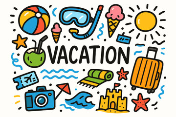 Fototapeta premium Travel and vacation icon set. fun doodle style illustrations for summer adventures.