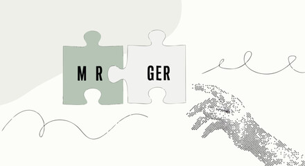 Two puzzle pieces with the letters MR and GER, hand reaching out.