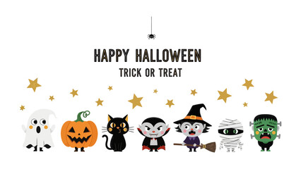 Happy Halloween characters: A festive Halloween design features a series of friendly character including ghost, pumpkin, cat, vampire, witch, mummy, and frankenstein with the theme Happy Halloween.