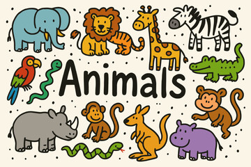 Obraz premium Animals doodle icon set. hand-drawn, playful zoo animals illustration.