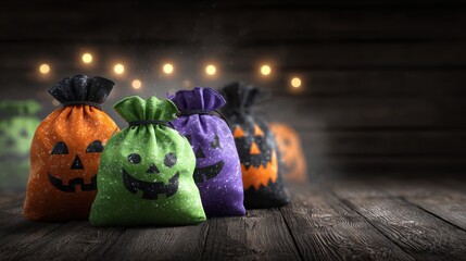 Colorful Halloween Trick or Treat Bags with Pumpkin Faces on Rustic Wooden Background