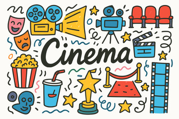 Cinema and entertainment icon set in a flat style. movie, popcorn, film reel, clapboard.