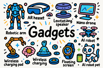 Fototapeta premium Gadgets flat icon set. robotic, wearable, ai technology and smart devices collection