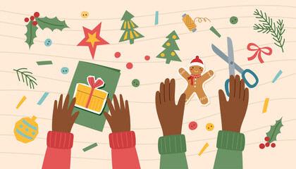 Handmade Christmas card. Sustainable Christmas concept. Making handmade eco-friendly gifts with a child. Family concept. Vector flat banner.