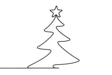 Minimalist christmas tree line art drawing with star, celebrating winter holidays, festive greeting, transparent background
