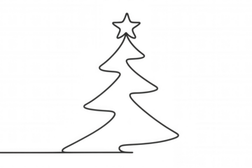 Minimalist christmas tree line art drawing with star, celebrating winter holidays, festive greeting, transparent background