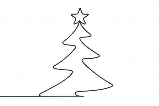 Minimalist christmas tree line art drawing with star, celebrating winter holidays, festive greeting, transparent background