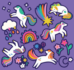 Sticker set. Dreamy Meadow Ponies. Vector illustration