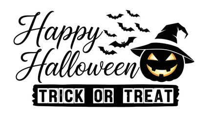 Spooky Halloween Typography: A festive illustration featuring a grinning jack-o'-lantern, bats, and the message Happy Halloween, perfect for conveying the spirit of the holiday. 