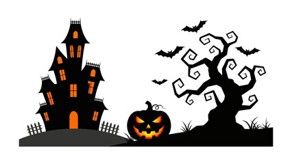 Spooky Halloween Scene: A classic Halloween night unfolds with a silhouetted haunted house, gnarled tree, and a carved jack-o'-lantern, creating a haunting atmosphere.